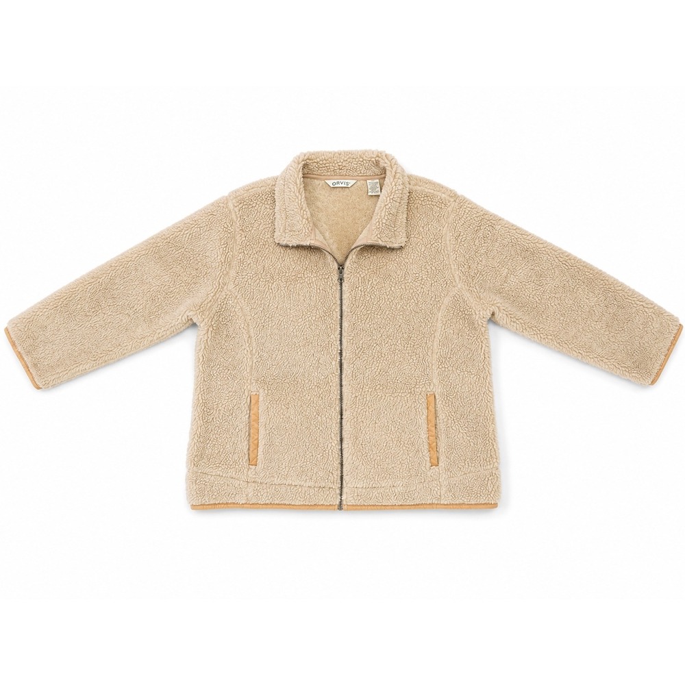 Orvis Sherpa Fleece Jacket Tan Full Zip Elbow Patches Teddy Coat Women's Size XL